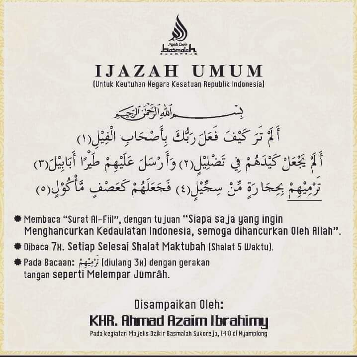 Ijazah Surat Al Fil untuk Keutuhan NKRI dari KHR Ahmad Azaim Ibrahimy