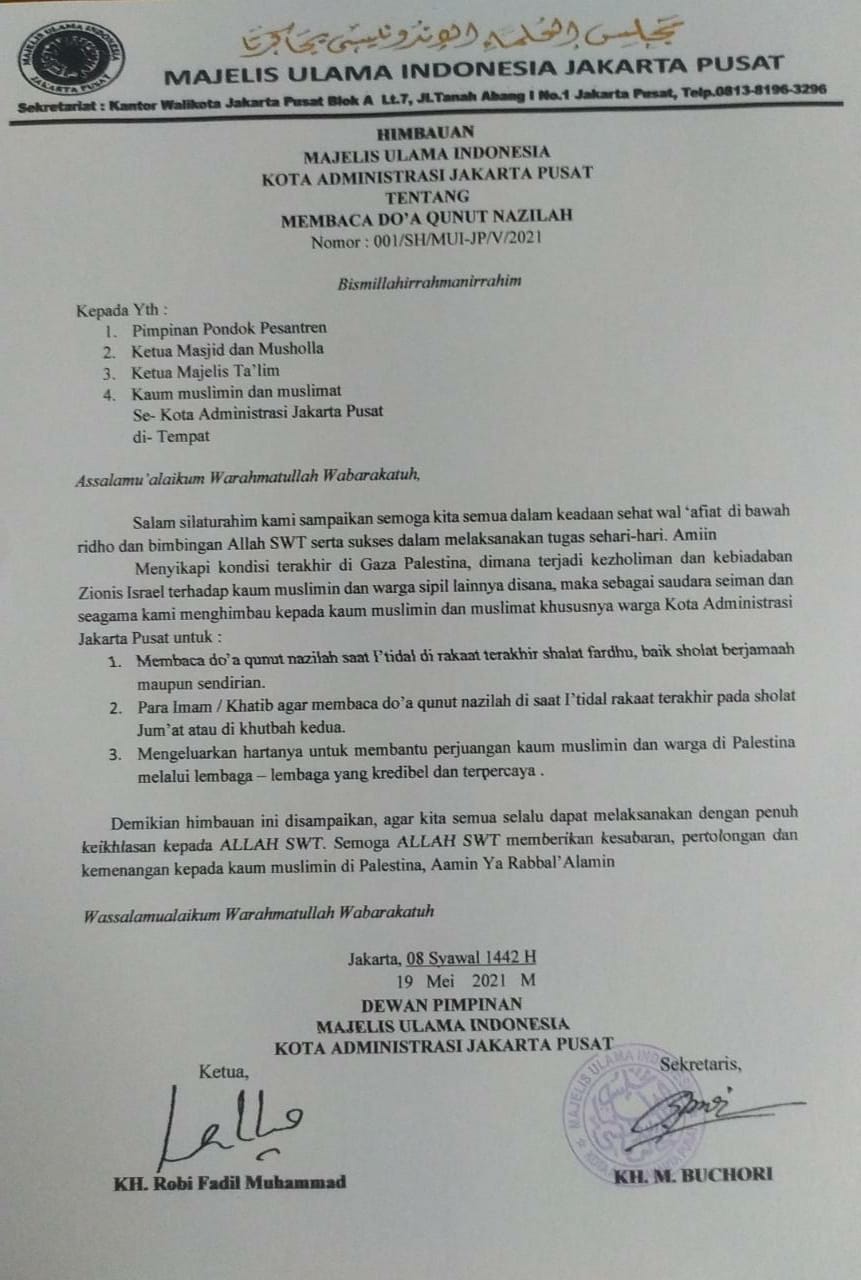 MUI Jakarta Pusat Ajak Umat Muslim Baca Doa Qunut Nazilah Untuk Warga Palestina