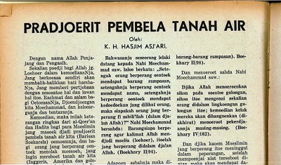 Tulisan Mbah Hasyim Tahun 1943: 'Prajurit Pembela Tanah Air'